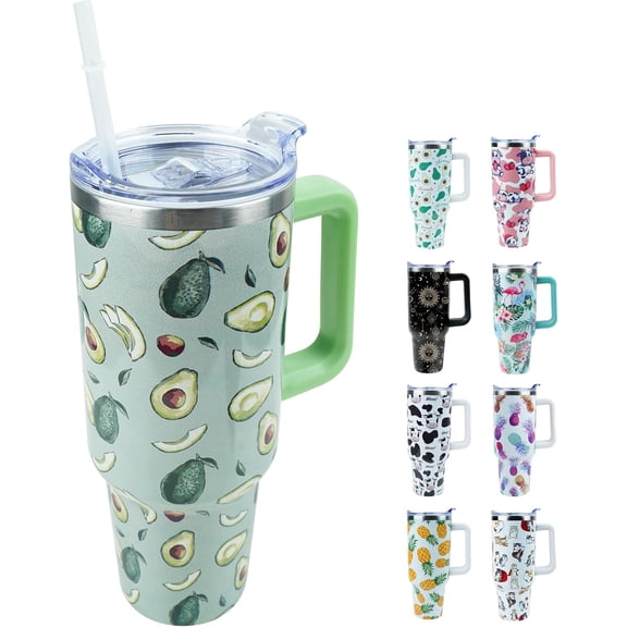40 oz Insulated Tumbler with Handle and Straw, Stainless Steel Thermal Cup Leak Proof Lid - Double Wall Vacuum Insulation Keeps Drinks Cold or Hot for Hours, Pineapple Design