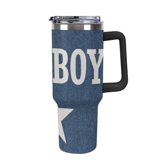 40 oz Insulated Tumbler with Handle, Leak-Proof Straw Lid, Stainless Steel Travel Mug for Car & Road Trips - Cowboy Star Denim Background