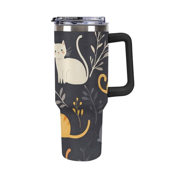 40 oz Insulated Tumbler with Handle, Leak-Proof Straw Lid, Stainless Steel Travel Mug for Car & Road Trips - Cute Cats