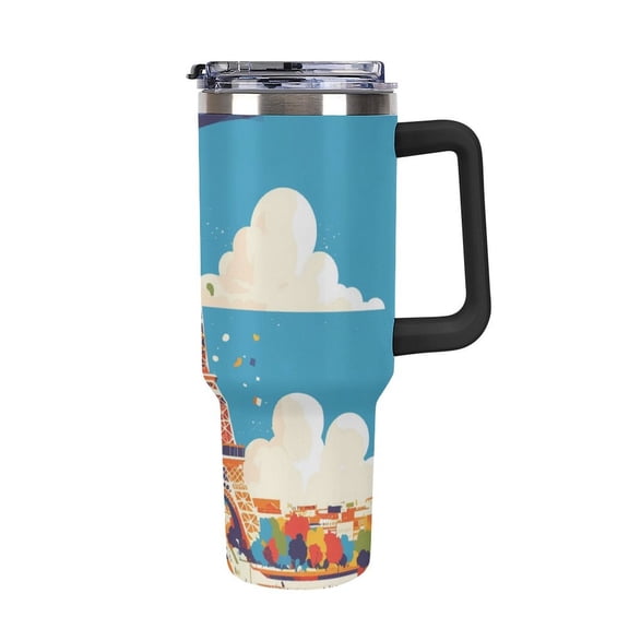 40 oz Insulated Tumbler with Handle, Leak-Proof Straw Lid, Stainless Steel Travel Mug for Car & Road Trips - Paris Pride Eiffel Tower