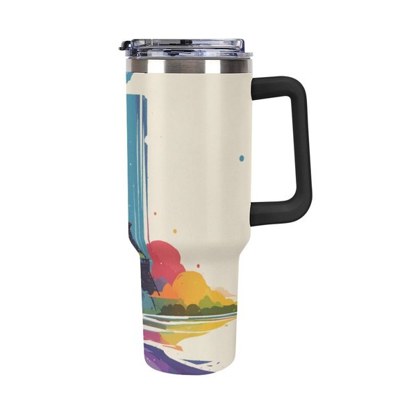 40 oz Insulated Tumbler with Handle, Leak-Proof Straw Lid, Stainless Steel Travel Mug for Car & Road Trips - Paris Pride Eiffel Tower