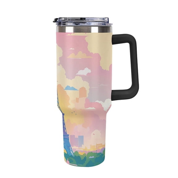 40 oz Insulated Tumbler with Handle, Leak-Proof Straw Lid, Stainless Steel Travel Mug for Car & Road Trips - Pride Paris Eiffel Tower