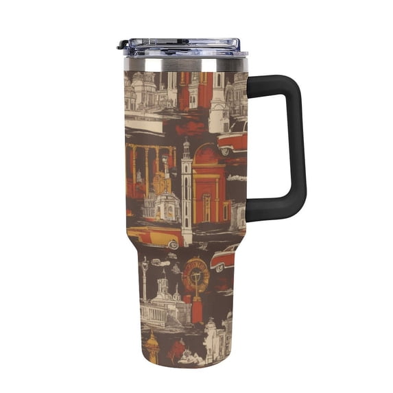 40 oz Insulated Tumbler with Handle, Leak-Proof Straw Lid, Stainless Steel Travel Mug for Car & Road Trips - Roma Retro Building