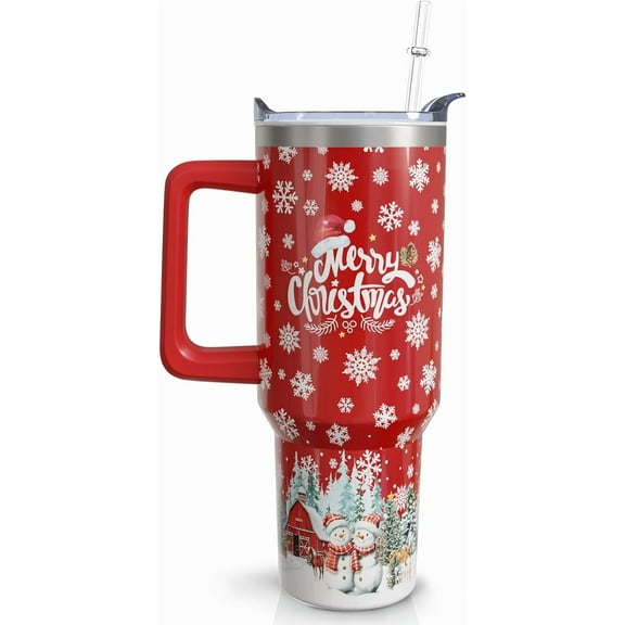 40oz Snowman Christmas Tumbler with Handle & Straw - Insulated Stainless Steel Farmhouse Red Cup - Holiday Gift for Women, Girls, Her
