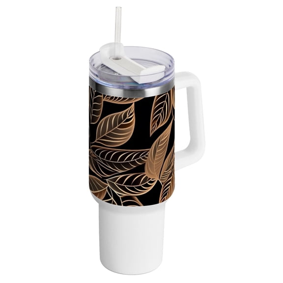 40 oz Insulated Tumbler with Handle and Straw Lid Line Copper Leaves Stainless Steel Water Bottle Travel Mug for Car