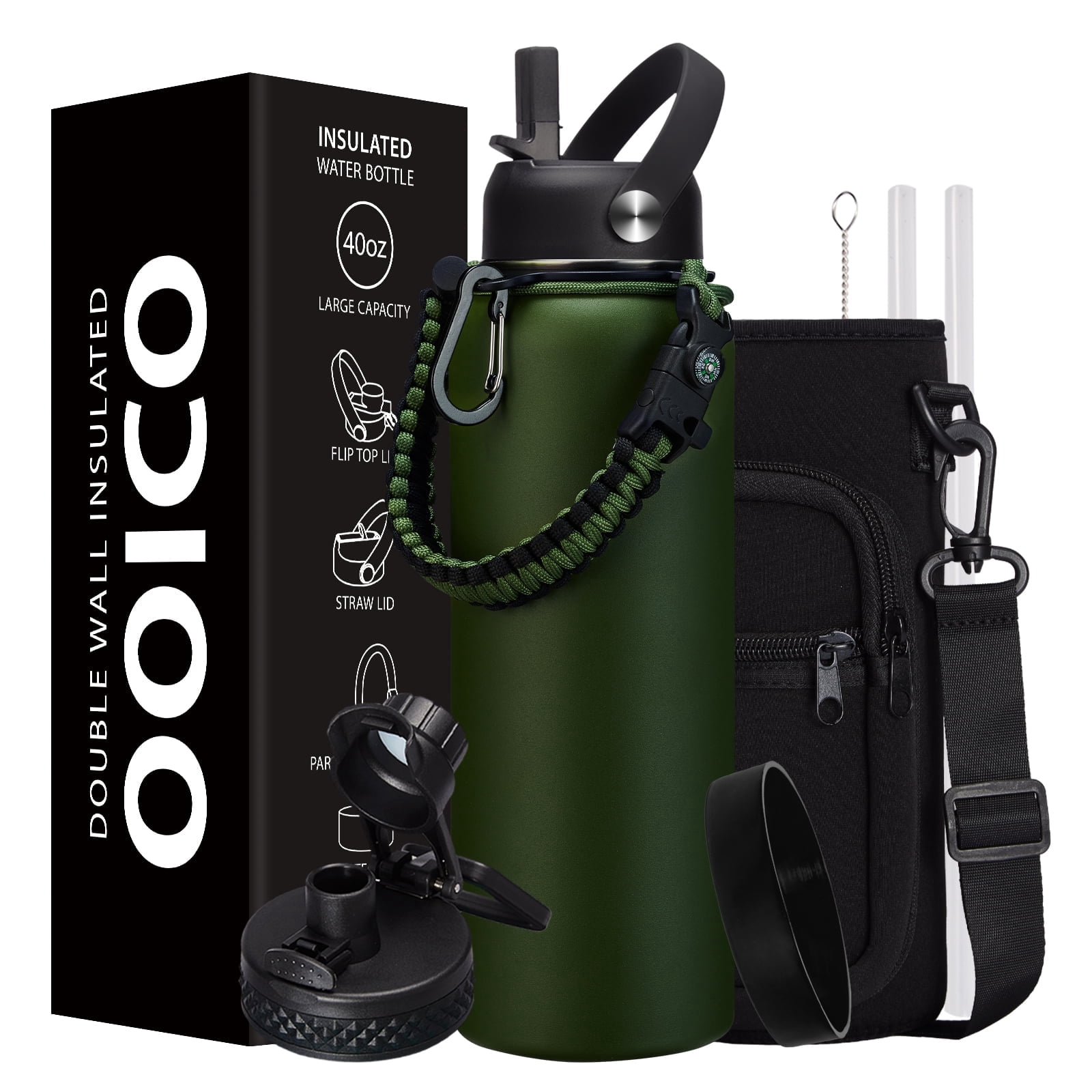40 oz Insulated Water Bottle - Cold for 48H, 40oz Stainless Steel Flask for Workout Sports Gym, Water Bottle with Strap Carrying Pouch, Paracord Handle, Straw & Auto Spout Lid
