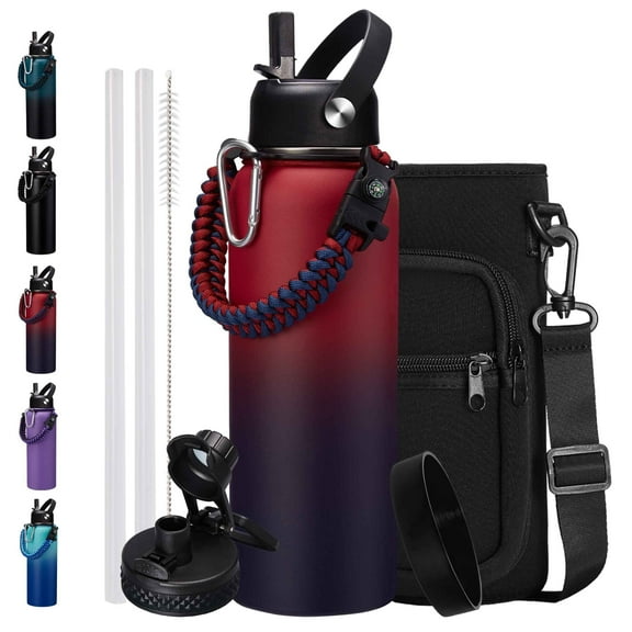 40 oz Insulated Water Bottles with Straw Spout Lids, Stainless Steel Water Bottle with Shoulder Carrier Bag, Paracord Handle, Protective Boot, Wide Mouth Water Flask Sports Water Jug for Men Women
