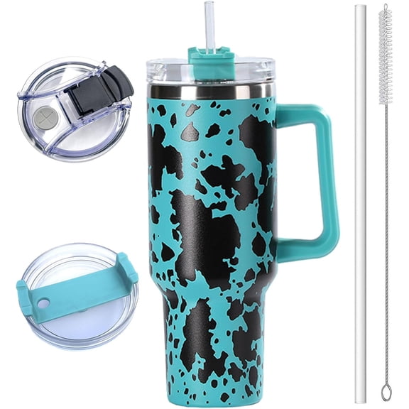 40 oz Leakproof Tumbler with Handle and Straw Stainless Steel Vacuum Insulated Travel Mug, Mint Cow Design, Keeps Drinks Hot/Cold, Ideal for Busy Days on the Go