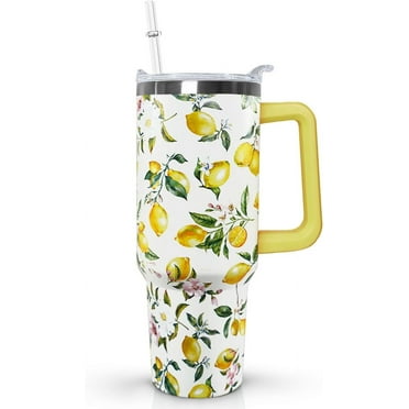 40 oz Lemon Print Stainless Steel Tumbler with lid and Straw,Yellow Lemon CoffeeTravel Mug Cup Water Botter, Lemon Gifts for Lemon Lovers