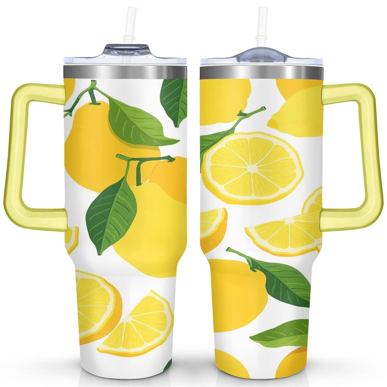 40 oz Lemon Tumbler with Handle Vacuum Insulated Travel Mug Gift for Women Men