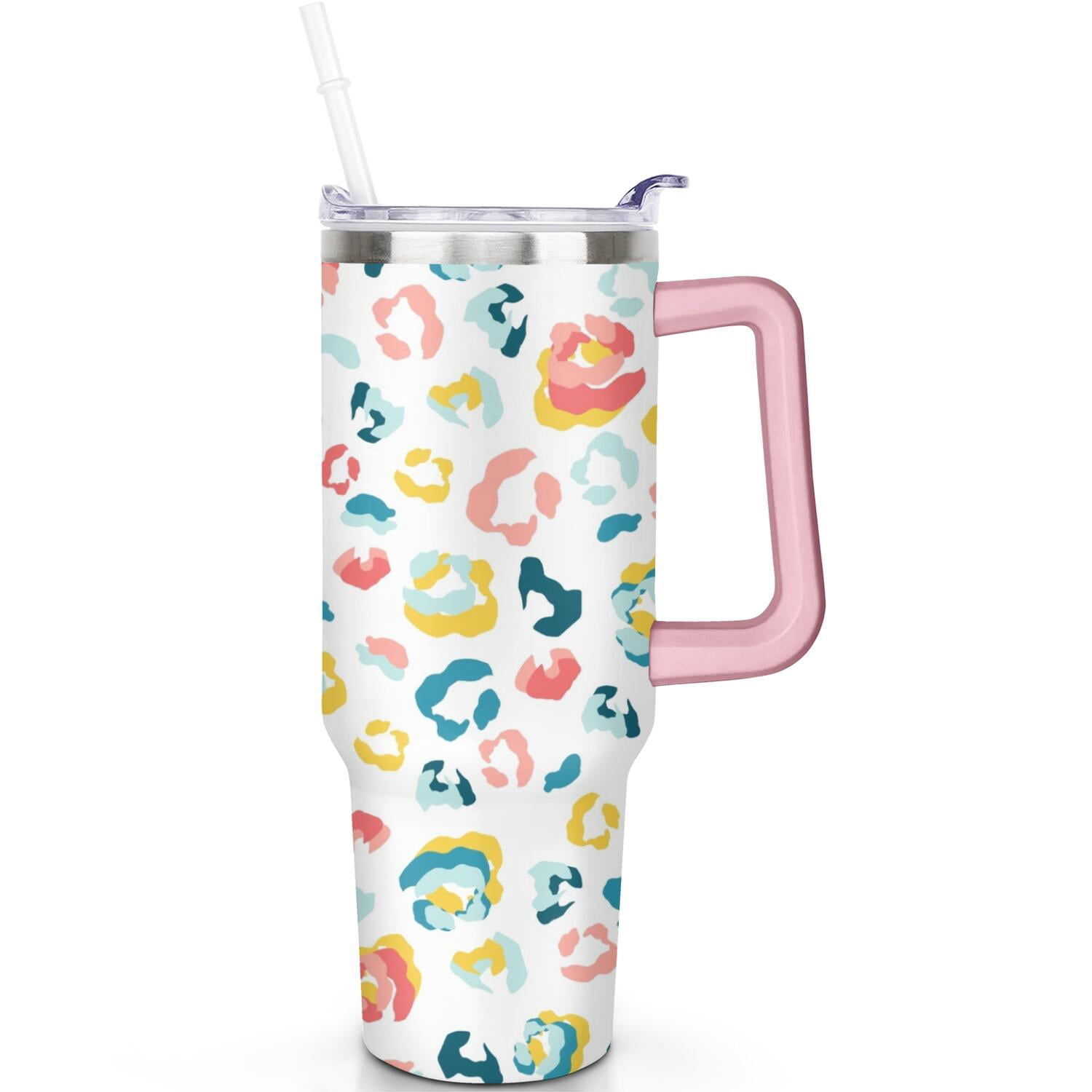 TINVSKQQKJ 40oz Leopard Print Tumbler With Handle & Straw - Double Wall Insulated, Leak Resistant Travel Cup