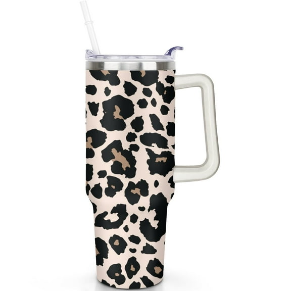 40 oz Leopard Theme Stainless Tumbler with Handle, Leak Proof Flip Straw Lid for Women and Men