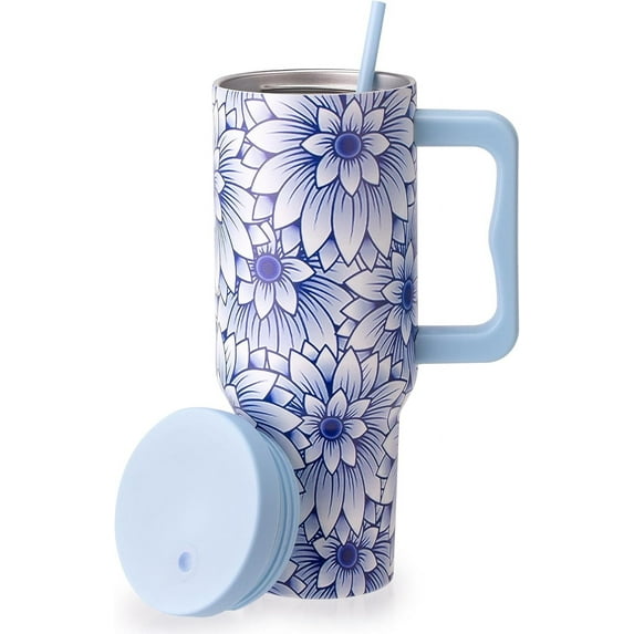 40 oz Light Blue and White Floral Tumbler with Straw Lid,Insulated Cup Reusable Stainless Steel Travel Mug,Cupholder Friendly,Gifts for Women Men Him Her