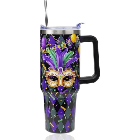 40 oz Mardi Gras Tumbler with Handle and Straw, Stainless Steel Insulated Mardi Gras Mask Tumbler 40 oz, Reusable Carnival tumbler with Leak Proof Lid, Mardi Gras Gifts