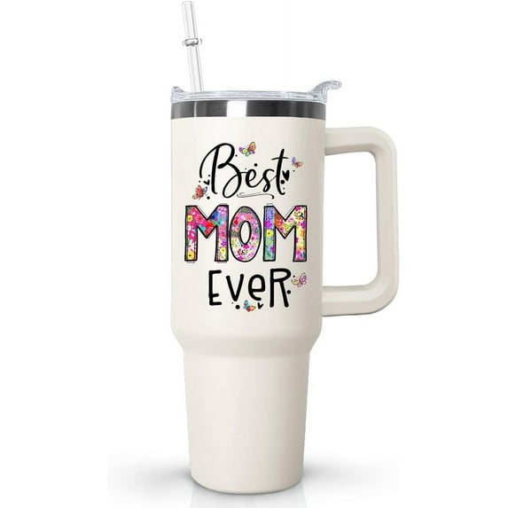 40 oz Mom Tumbler with handle Lid and Straw, Best Mom Ever Vacuum Insulated Travel Coffee Mug CupTumbler, Mothers Day Gifts from Daughter Birthday Gifts for Mom