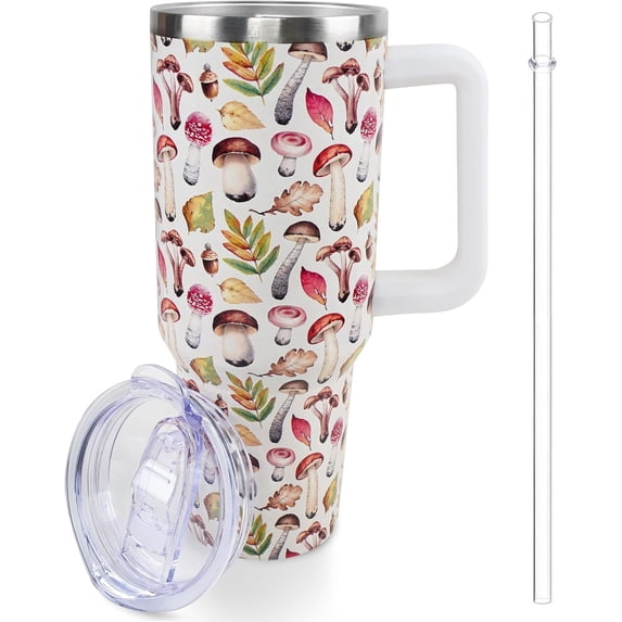 40 oz Mushroom Tumbler with Handle and Straw, Travel Mug Water Bottle, Stainless Steel Insulated Cup with Lid and Straw, Birthday Christmas Gifts