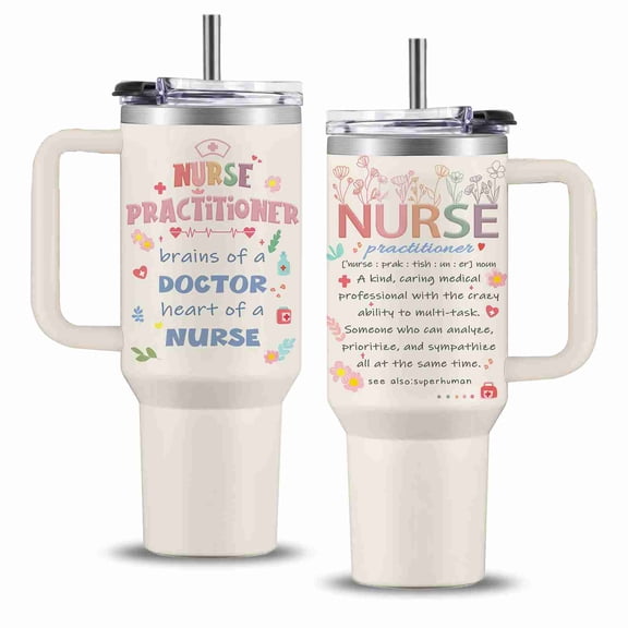 40 oz Nurse Practitioner Tumbler with Handle and Straw, Insulated Stainless Steel Travel Cup with Floral and Medical Design for NP Graduation and Appreciation Gifts