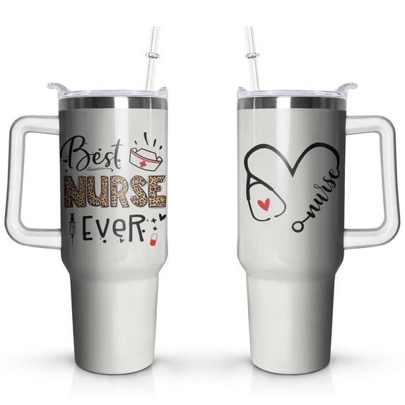 Nurse Gifts 40 oz Tumbler, Best Nurse Ever Vacuum Insulated Travel Mug with Lid Straw Handle, 40oz Cup Gift for Women