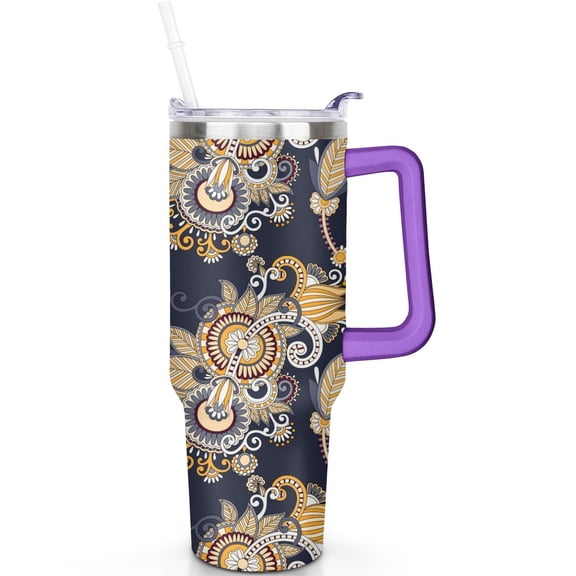 40 oz Paisley Tumbler Vacuum Insulated Stainless Steel Cup with Handle Flip Straw Lid Leak Proof Travel Mug Gift for Men Women