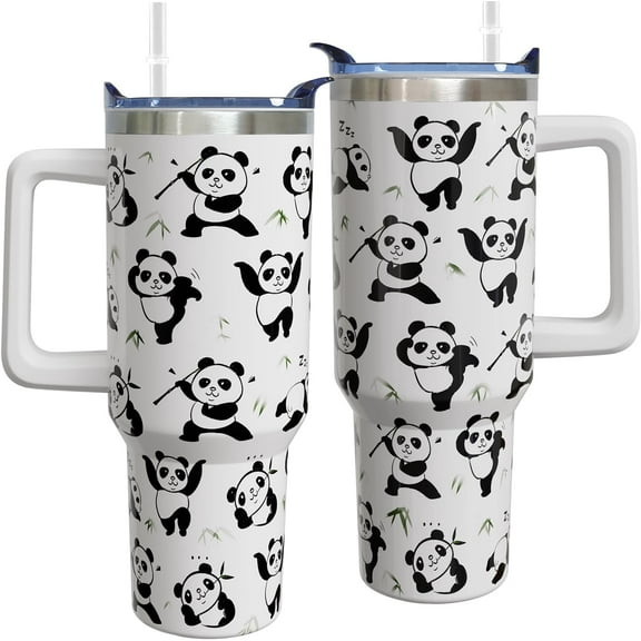 40 oz Panda Tumbler with Handle Panda Gifts for Women Insulated Stainless Steel Coffee Cup with Lid and Straw Travel Mug Water Bottle for Kids