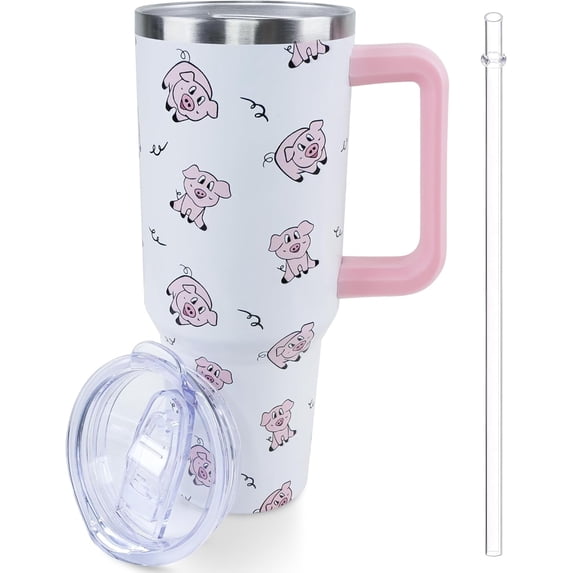 40 oz Pig Tumbler with Handle and Straw, Travel Mug Water Bottle, Stainless Steel Insulated Cup with Lid and Straw, Birthday Christmas Gifts