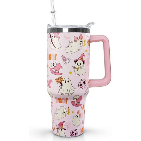 40 oz Pink Boo Tumbler - Insulated Stainless Halloween Travel Coffee Cup, Water Bottle - Goth Ghost Witch Decor Gift for Women