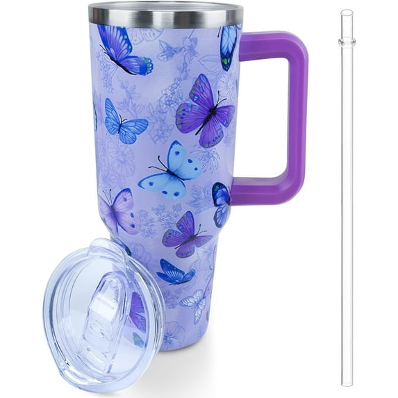 40 oz Purple Butterfly Tumbler with Handle and Straw, Travel Mug Water Bottle, Stainless Steel Insulated Cup with Lid and Straw, Birthday Christmas Gifts