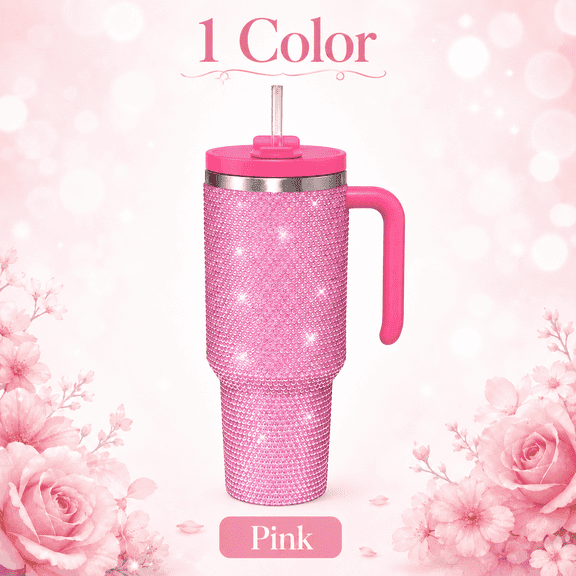 40 oz Rhinestone Tumbler with Handle and Straw, Insulated Stainless Steel Travel Mug with Lid, Vacuum Car Cup for Coffee, Water, Iced Drinks, Travel and Gifts for Women