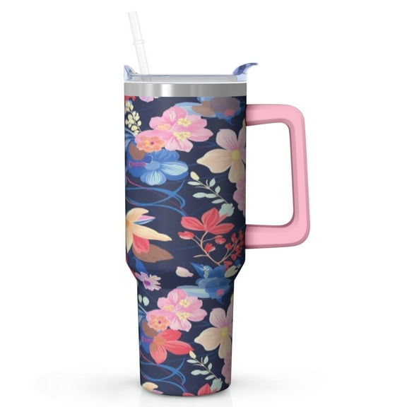 40 oz Romantic Navy Botanical Floral Tumbler, Stainless Steel Insulated Mug With Handle and Lid, Spring Flower Coffee Cup for Women or Girlfriend