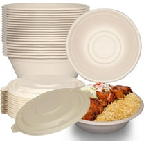 40 oz Round Disposable Compostable Paper Bowls with Fiber Dome Lids - Heavy-Duty, Eco-Friendly Natural Bagasse Unbleached, Heat Resistant, 100% Biodegradable Salad Bowls Alternative to Plastic (25)
