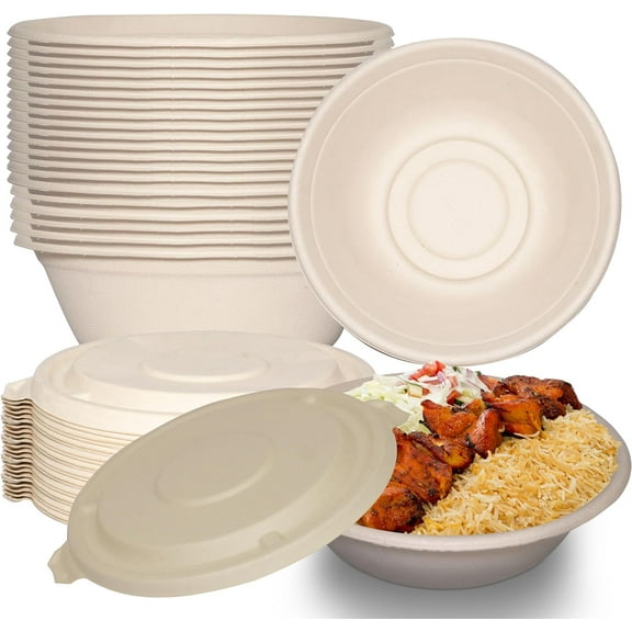 40 oz Round Disposable Compostable Paper Bowls with Fiber Dome Lids - Heavy-Duty, Eco-Friendly Natural Bagasse Unbleached, Heat Resistant, 100% Biodegradable Salad Bowls Alternative to Plastic (25)