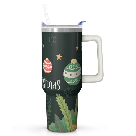 40 oz Santa Snowflake Christmas Tumbler with Handle and Straw, Stainless Steel Insulated Cup 40 oz, Leak Proof Holiday Mug, Winter Gift