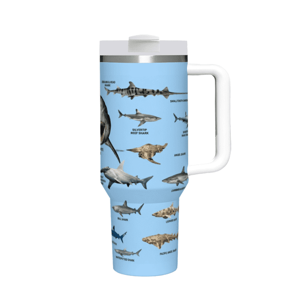 40 oz Shark Species Identification Print Tumbler with Handle & Straw, Great Birthday & Christmas Gift for Shark Lovers