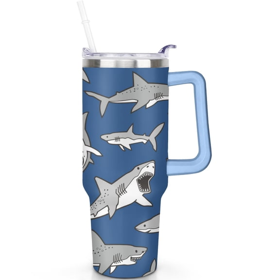 40 oz Shark Theme Tumbler Handle Straw 40oz Shark Tumbler Spill Proof Lid Double Insulated Travel Coffee Cup Shark Lover Gifts Travel Accessories Must Have