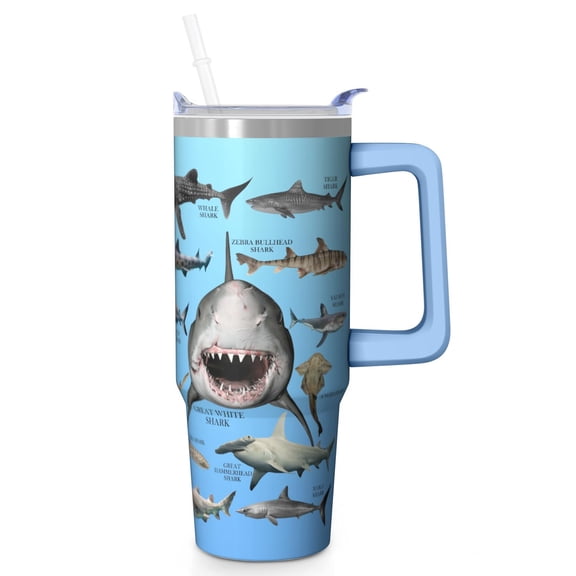 40 oz Shark Travel Must Haves Tumbler for Women 40oz Shark Theme Tumbler Handle SpillProof Lid Straw Double Insulated Coffee Cup