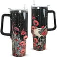 thumbnail image 1 of 40 oz Skull Tumbler with Handle and Straw - Gothic Insulated Travel Mug, Skull with Floral Design, Halloween Goth Cup Water Bottle Gift for Women, 1 of 6