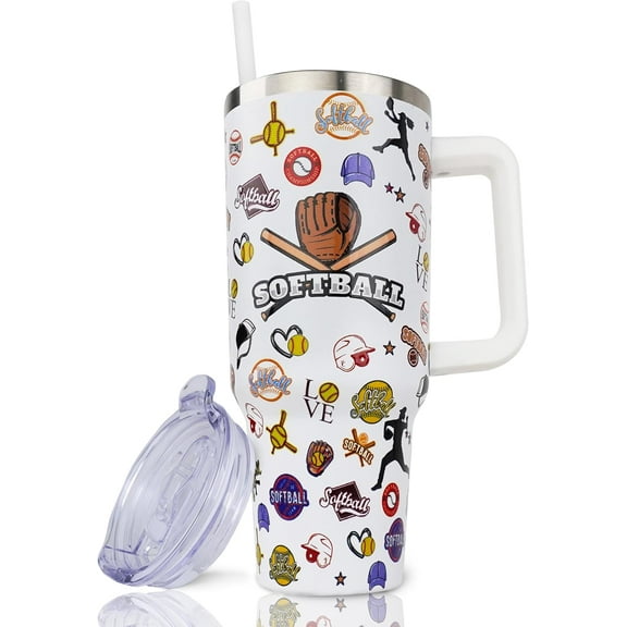 40 oz Softball Tumbler with Handle and Straw, Stainless Steel Insulated Cup, Reusable Coffee Mug with Leak Proof Lid, Softball Gifts