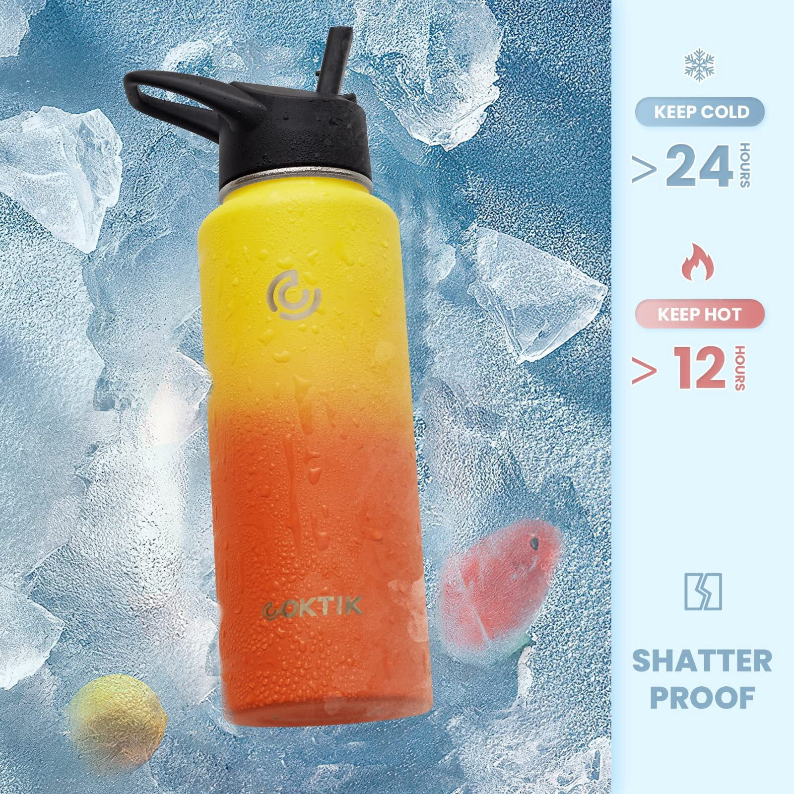 40 oz Sports Water Bottle With Straw,3 Lids, Stainless Steel Vacuum