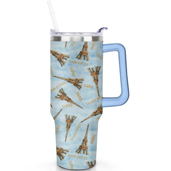 40 oz Stainless Steel Eiffel Tower Tumbler Travel Cup Vacuum Insulated with Handle Flip Straw Lid Leak Proof Gift for Men Women