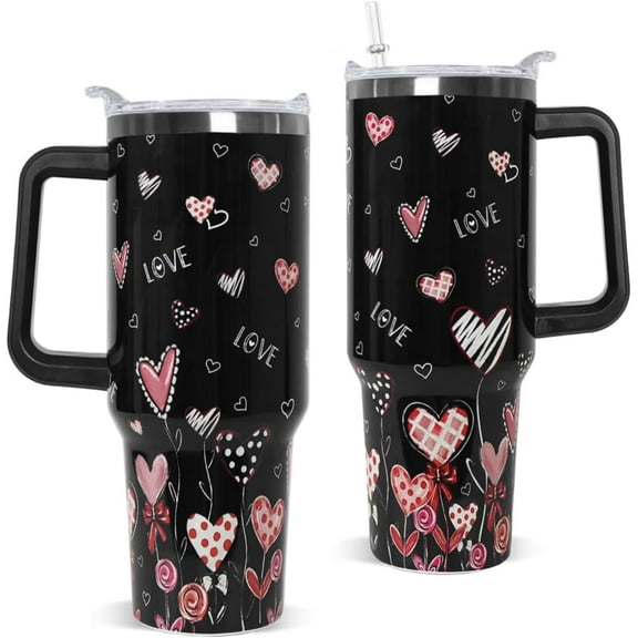 Valentines Tumbler with Handle 40 oz Black Pink Love Hearts Coffee Travel Mug Stainless Steel Insulated Cup Valentines Anniversary Wedding Birthday Gifts for Women