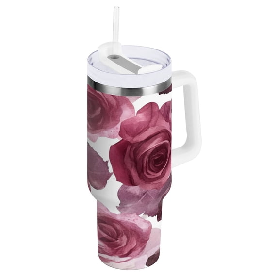 40 oz Stainless Steel Tumbler Vacuum Insulated Leak Proof Stainless Steel Coffee Cup Water Bottles Maroon Roses