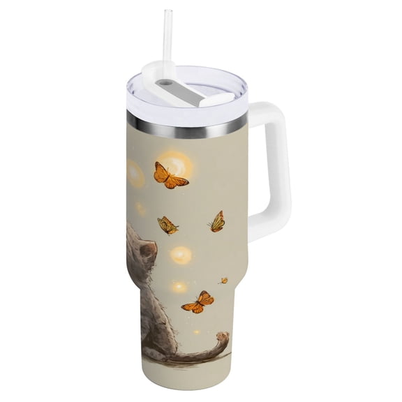 40 oz Stainless Steel Tumbler Vacuum Insulated Leak Proof Stainless Steel Coffee Cup Water Bottles Tiny Cat Blossom