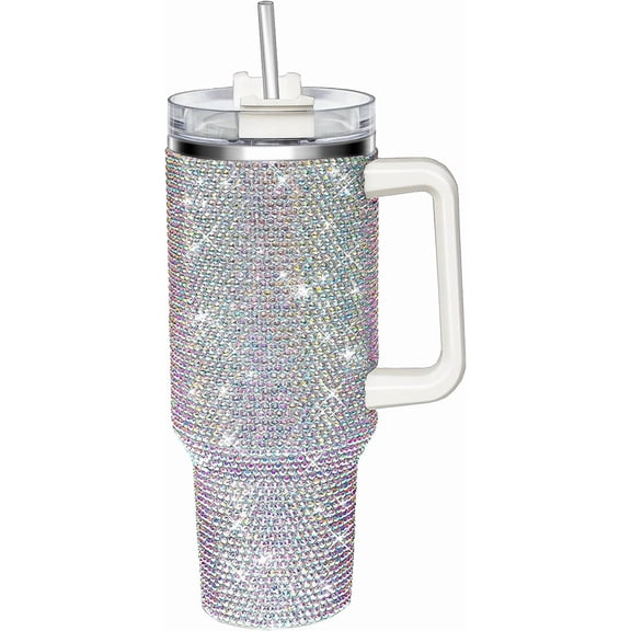 40 oz Stainless Steel Tumbler with Handle and Glitter Rhinestones, Shiny Finish, Northern Light Color