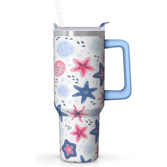 40 oz Starfish and Coral Print Tumbler with Handle and Straw Lid - Stainless Steel Insulated Travel Mug - Perfect for Ocean Lovers