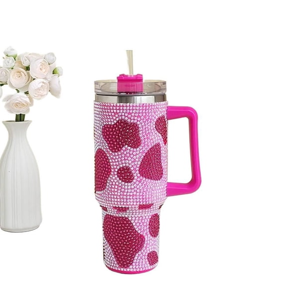 40 oz Studded Bling Tumbler with Handle and Straw, Insulated Stainless Steel Double Wall Travel Mug, Sparkly Rhinestone Water Cup, Car Cup Holder Friendly, Gifts for Women