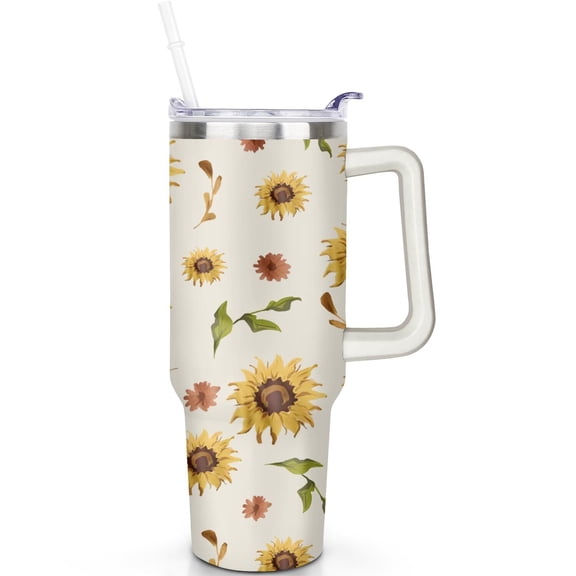 40 oz Sunflower Tumbler with Handle Flip Straw Lid Travel 40oz Sunflower Tumblers Lids Straws Vacuum Insulated Leak Proof Stainless Steel Cup Mug Birthday Gifts Travel Must Haves