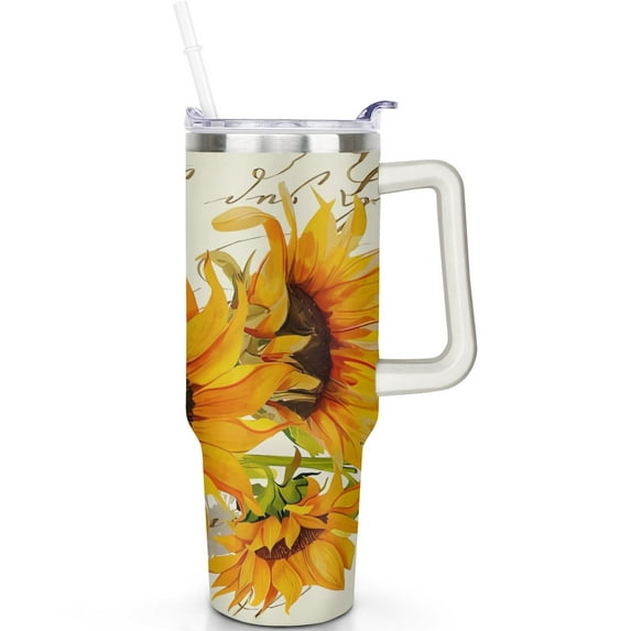 40 oz Sunflower Tumbler Vacuum Insulated Stainless Steel Cup with Handle Flip Straw Lid Leak Proof Travel Must Have Mug Gift for Men Women