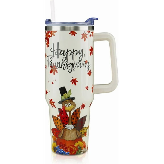 40 oz Thanksgiving Tumbler with Handle and Straw, Stainless Steel Insulated Fall Turkey Tumbler 40 oz, Reusable Cup with Leak Proof Lid, Thanksgiving Gifts for Women (off white orange)