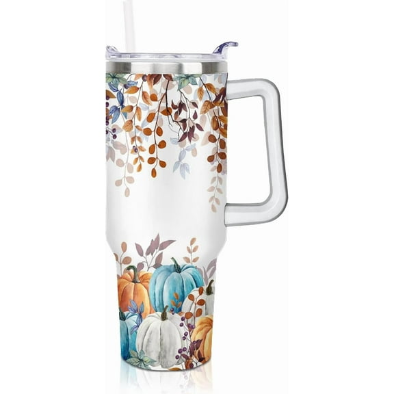 40 oz Thanksgiving Tumbler with Handle and Straw, Stainless Steel Insulated Fall Turkey Tumbler 40 oz, Reusable Cup with Leak Proof Lid, Thanksgiving Gifts for Women (off white orange)