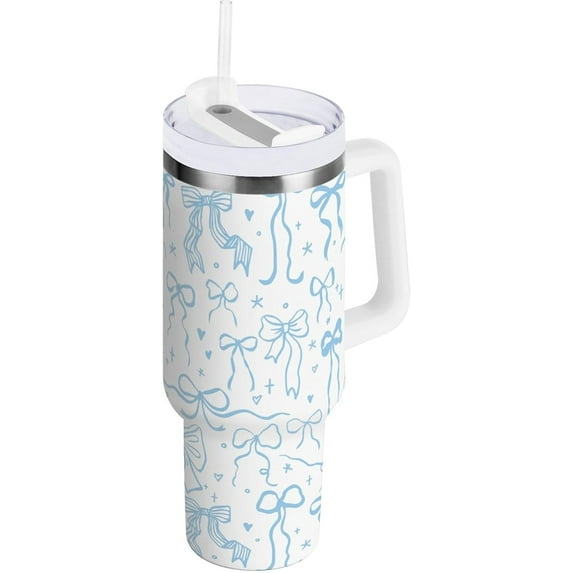 40 oz Tumbler with Handle Blue Bows Heart Star Water Bottle with Lid and Straw Vacuum Insulated Cup Stainless Steel Travel Coffee Mug for Home Office Car